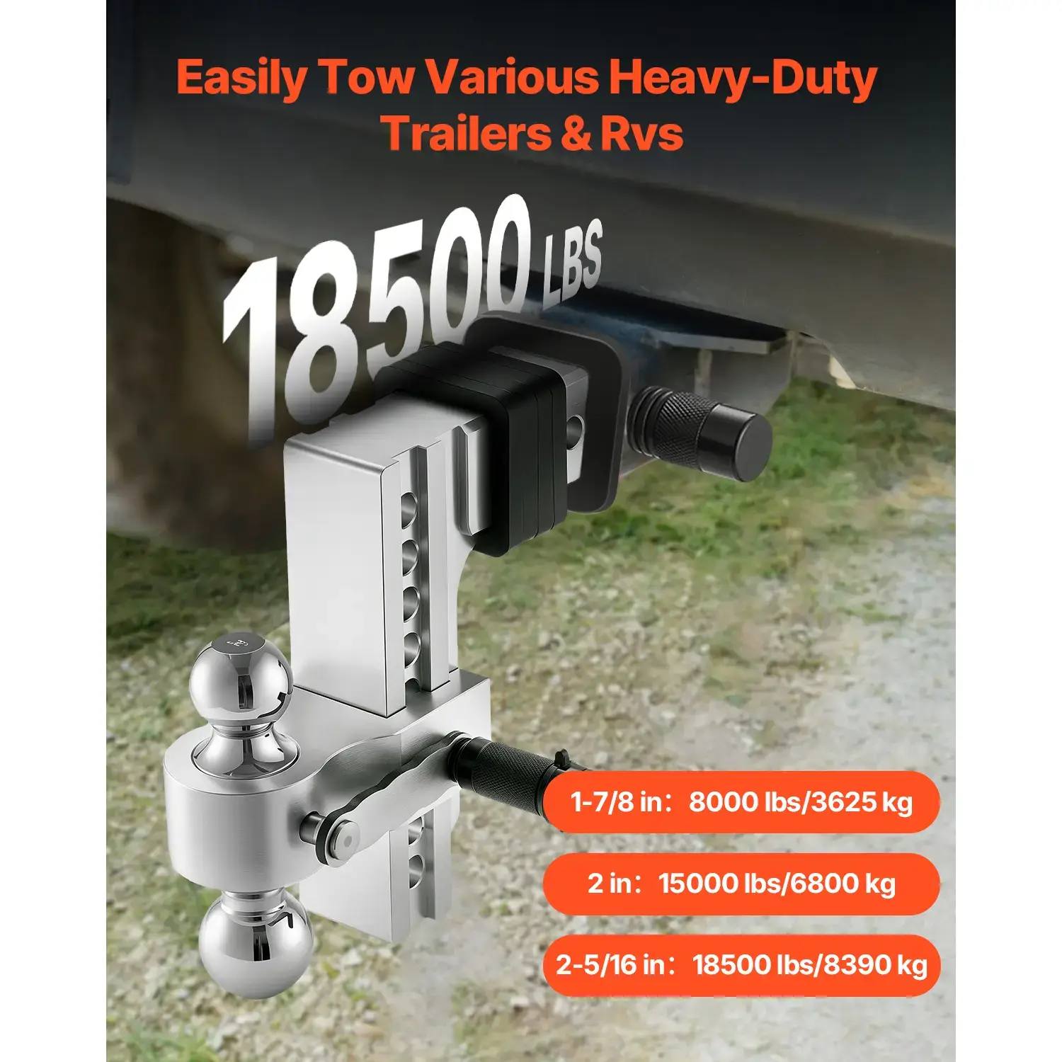 Adjustable Trailer Hitch,  8-Inch Drop Hitch, Tri-Ball Mount for 2.5-Inch Hitch Receiver, Trailer Ball Size 1-7/8