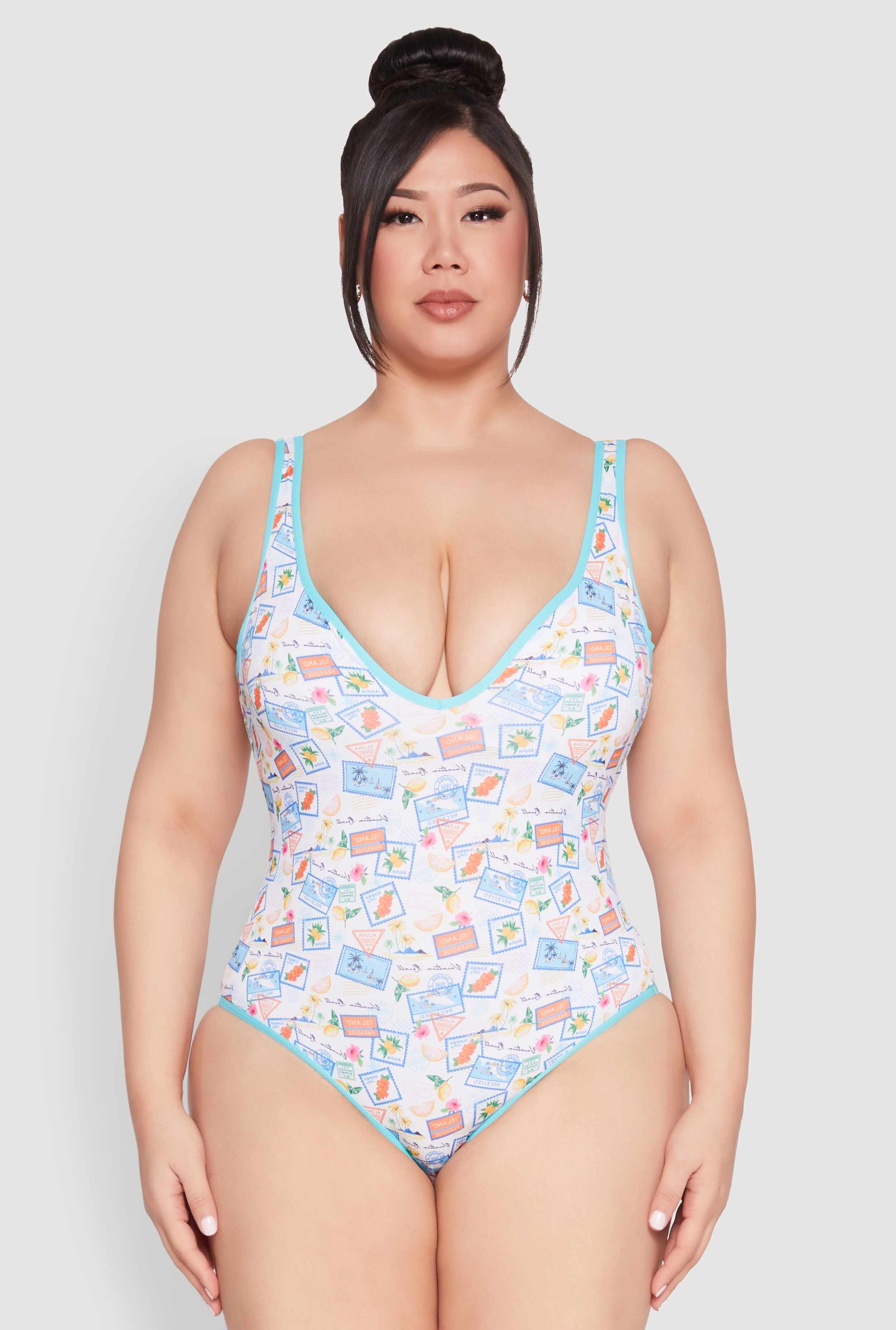 Plus Size Tropical Stamp Print One Piece Swimsuit