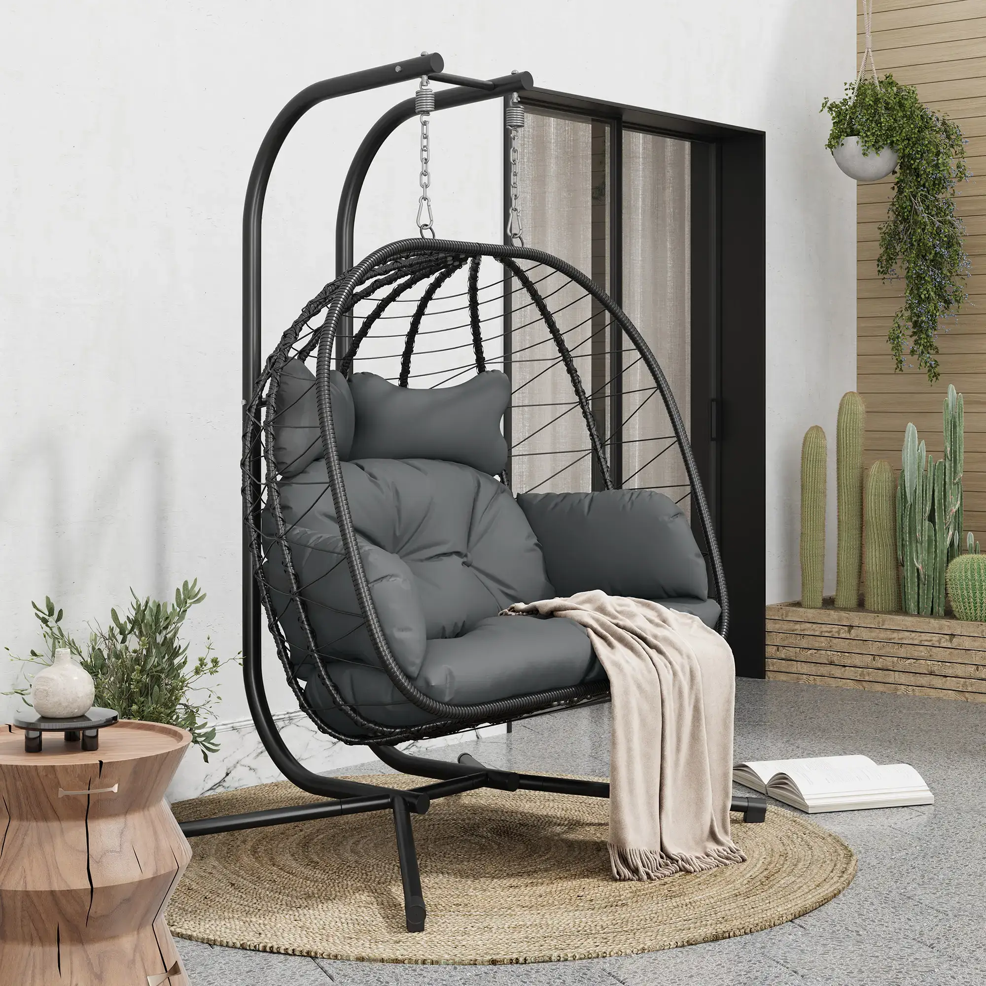 [dealsforyoudays] Double Egg Chair with Stand for Patio, Outdoor Indoor Hanging Swing Chair with Cushions, Wicker Rattan, 700lbs Capacity, Waterproof Sunproof for Balcony Garden Porch, ChristmasGift