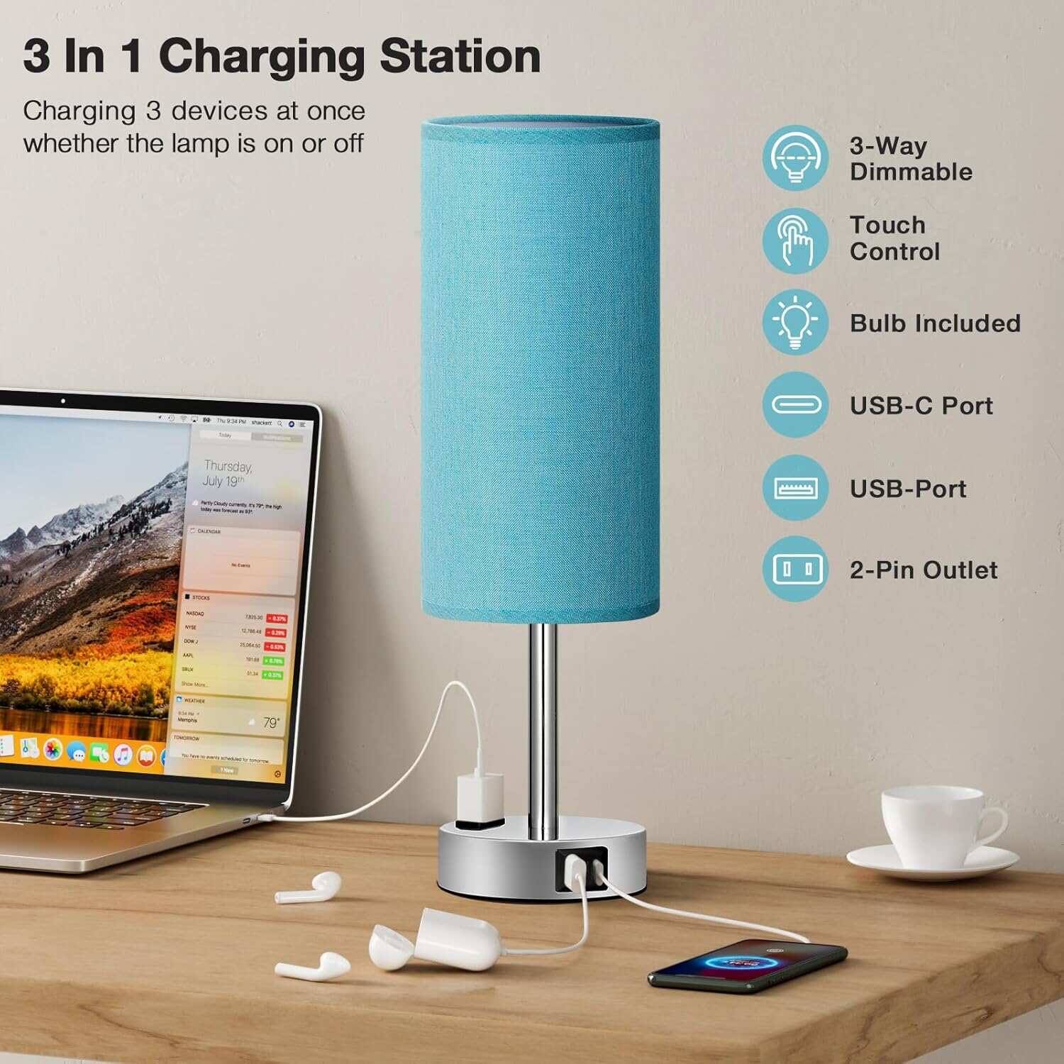 Bedside Table Lamp for Bedroom - 3 Way Dimmable Touch Lamp USB C Charging Ports and AC Outlet, Small Lamp Wood Base Round Flaxen Fabric Shade for Living Room, Desk, LED Bulb Included