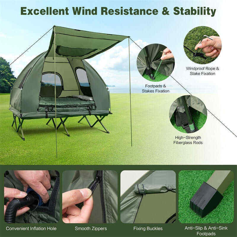 5-in-1 Tent Cot 2-Person Portable Outdoor Camping Tent Combo with Air Mattress Sleeping Bag & Sunshade