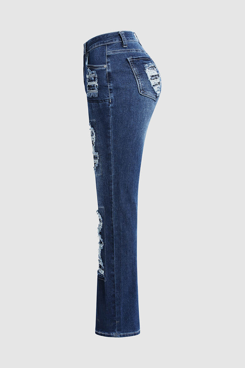 Vintage Stripe Print Ripped Mid Waist Jeans