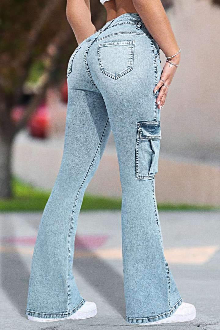 Multi Pocket Double Button Mid Rise Flare Cargo Jeans