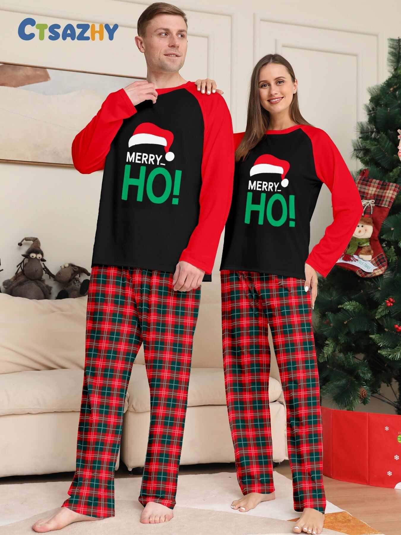 Santa Hat Monogrammed Family Holiday Plaid Pajama Set