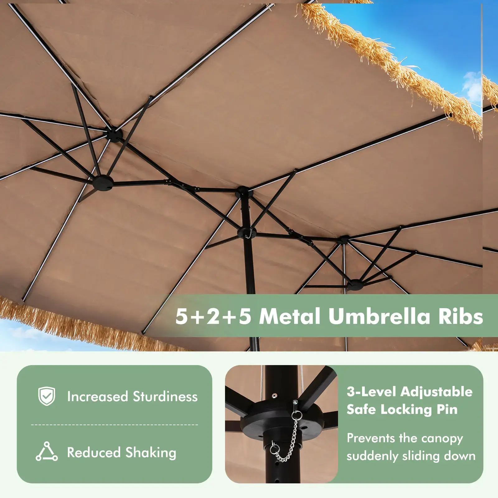 15 FT Solar Tiki Patio Umbrella with Base Included, Double-sided Hawaiian Style Thatched Market Table Umbrella with144 Multi-colored Flowing LED Lights, 12 Modes, Crank Handle, 12 Ribs, PE Grass Outdoor Umbrell for Pool Deck Garden Backyard