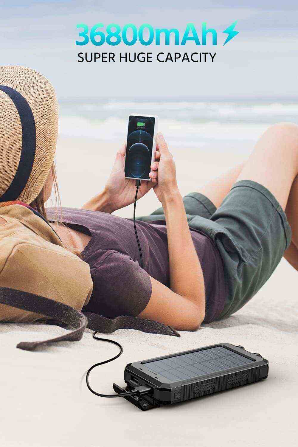 Power-Bank-Portable-Charger-Solar - 36800mAh Waterproof Portable External Backup Battery Charger Built-in Dual QC 3.0 5V3.1A Fast USB and Flashlight for All Phone and Electronic Devices (Deep Orange)