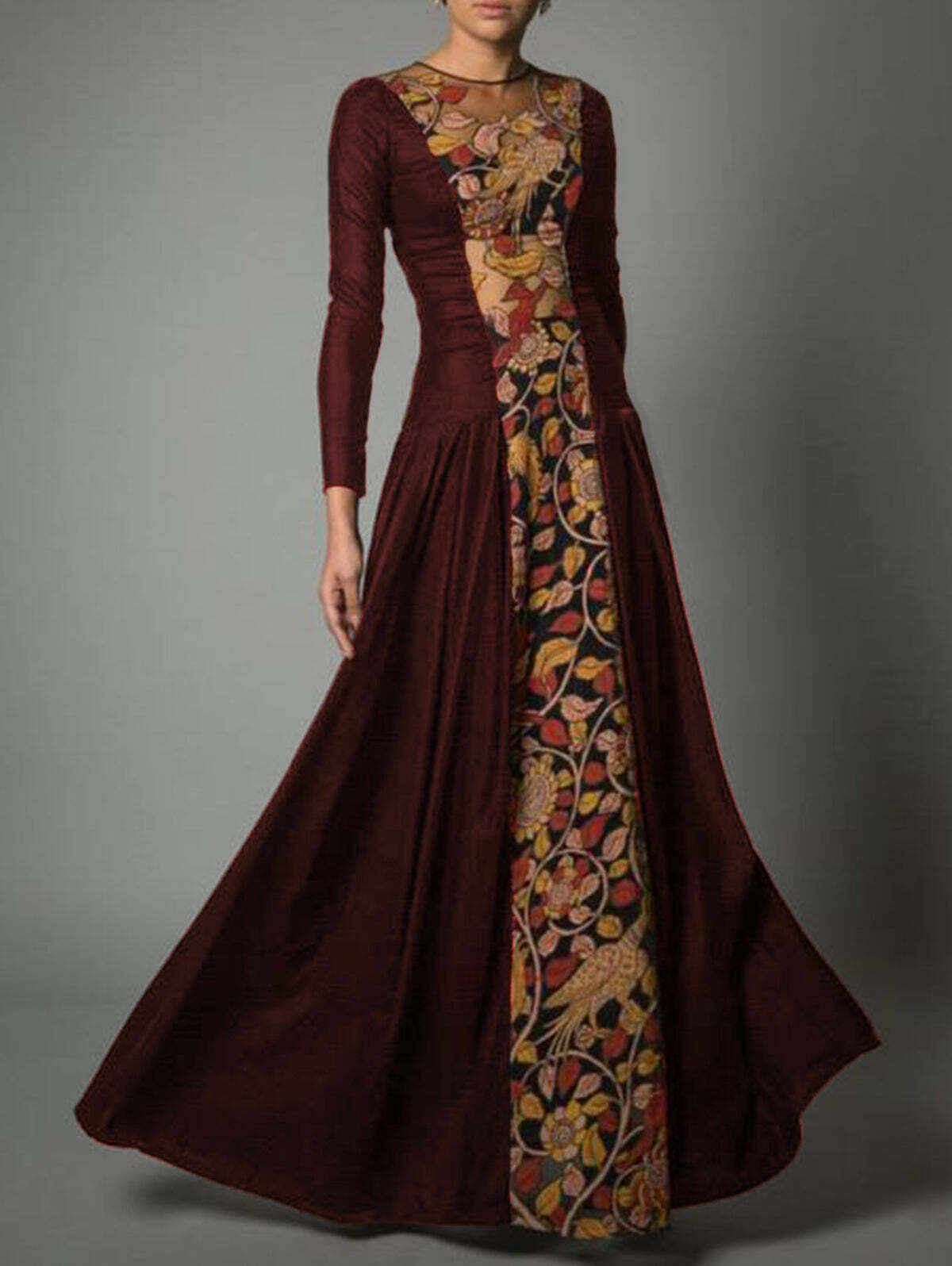 Elegant Crew Neck Long Sleeve Color Block Stitching Gown