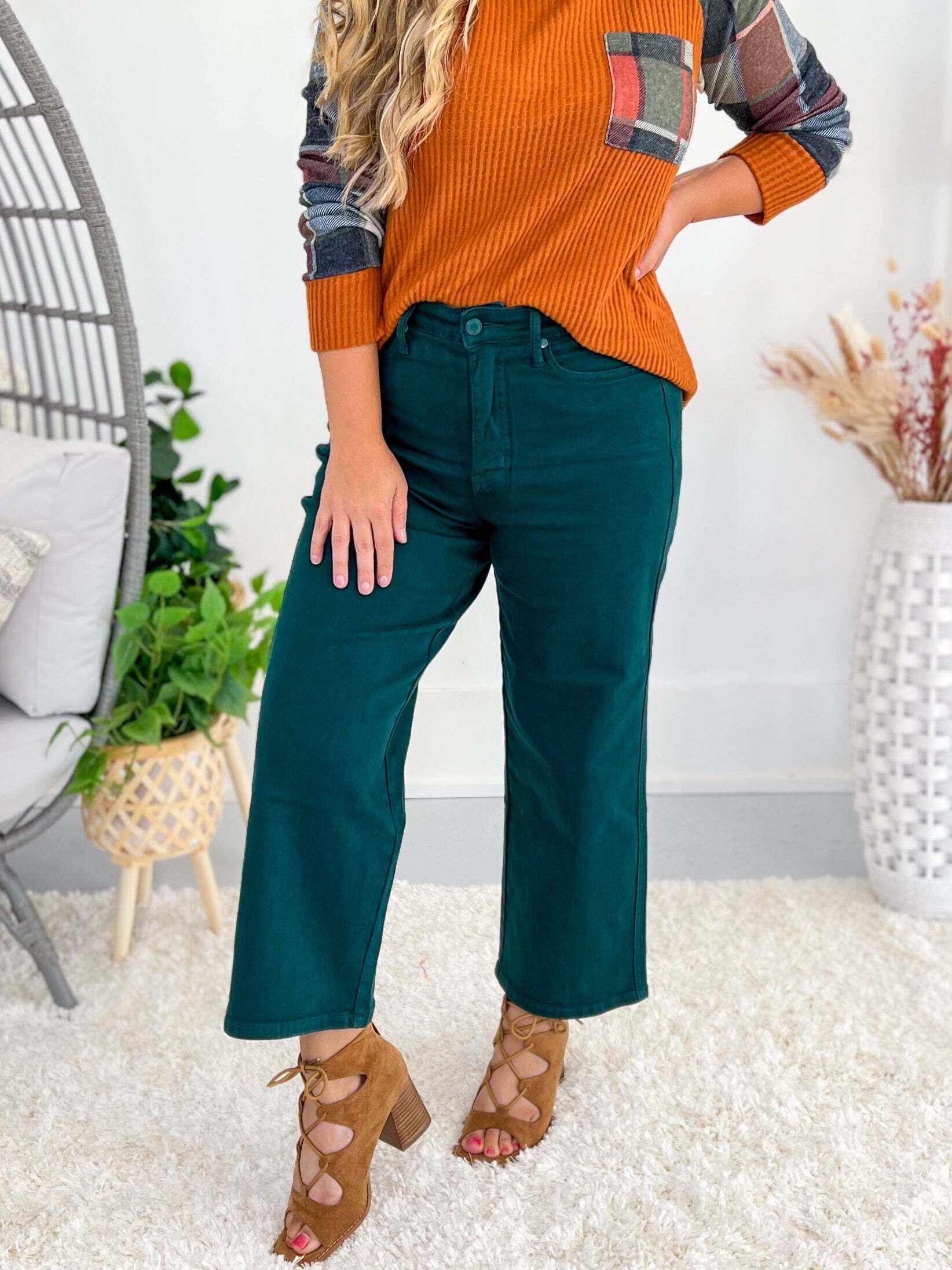 Emerald City - Christmas Tummy Control Dyed Wide Crop Jeans - Final Sale