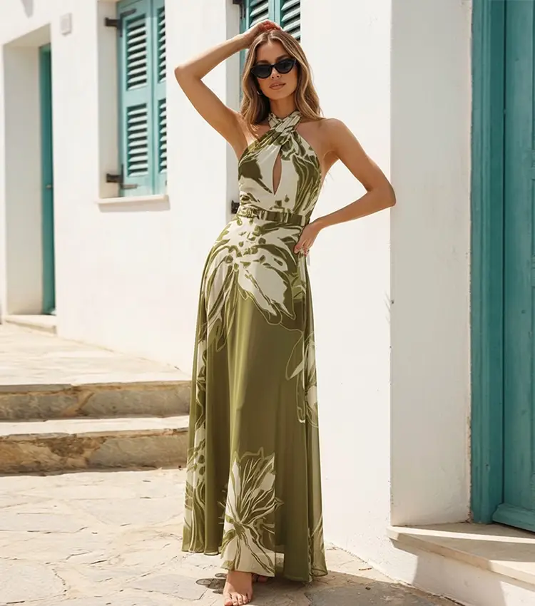 Green & White Halter Neck Swimsuit Set