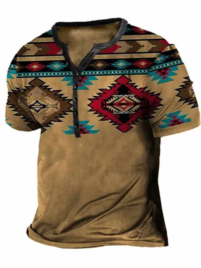 Men's Casual Button Neck Print Short Sleeve T-Shirt