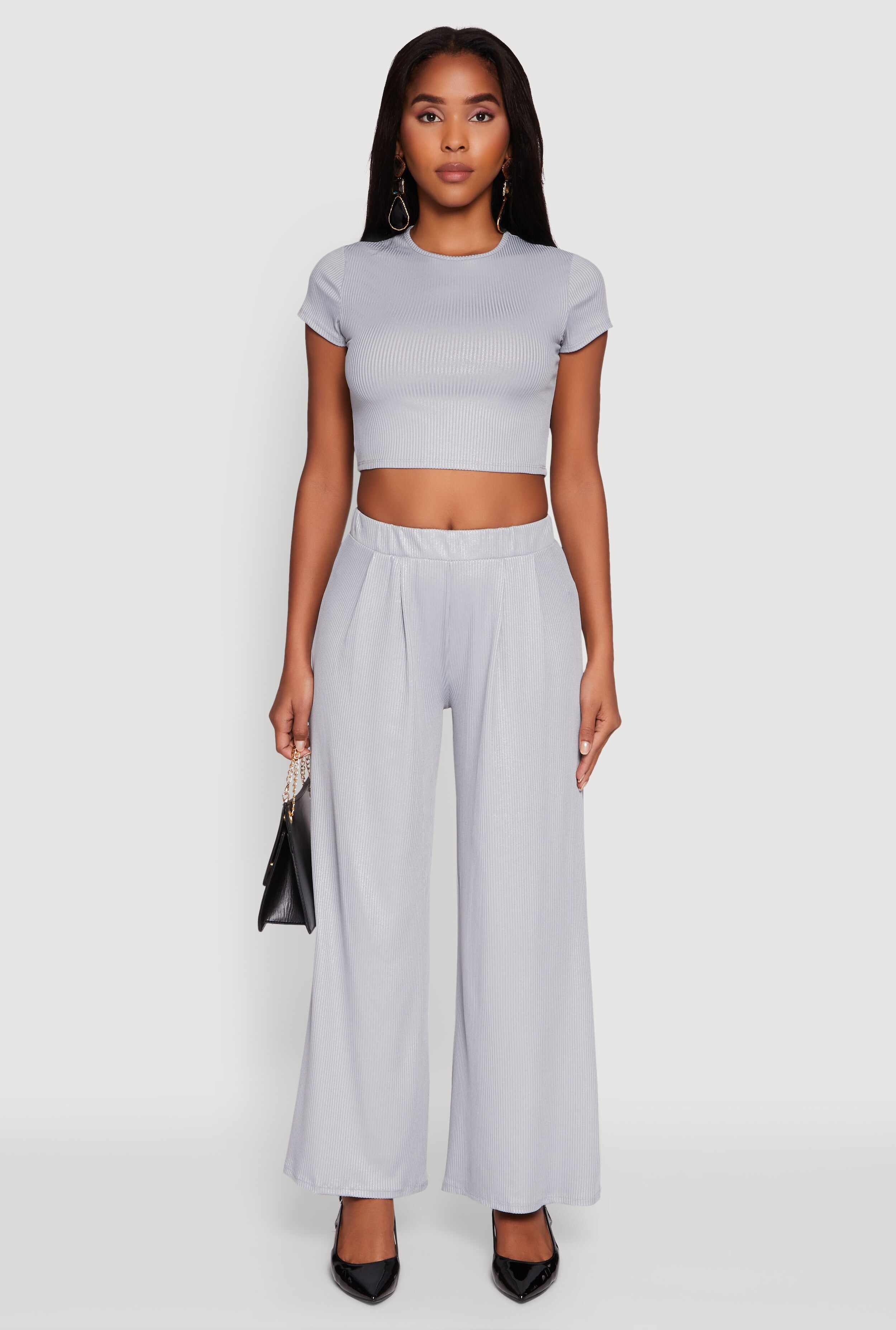 Lurex Ribbed Knit High Waisted Pants