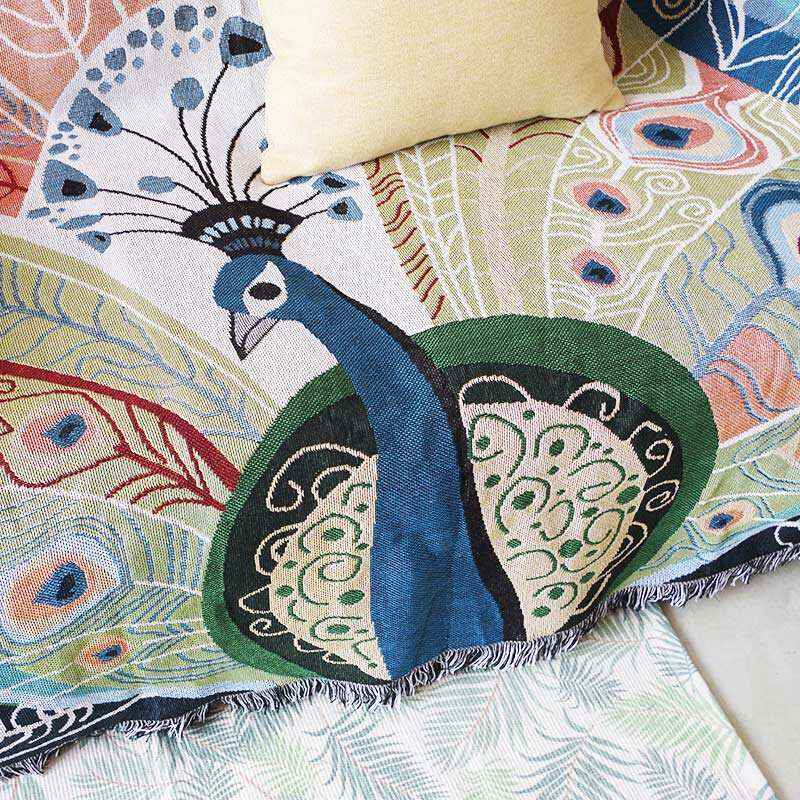 Peacock Print Tassel Reversible Blanket