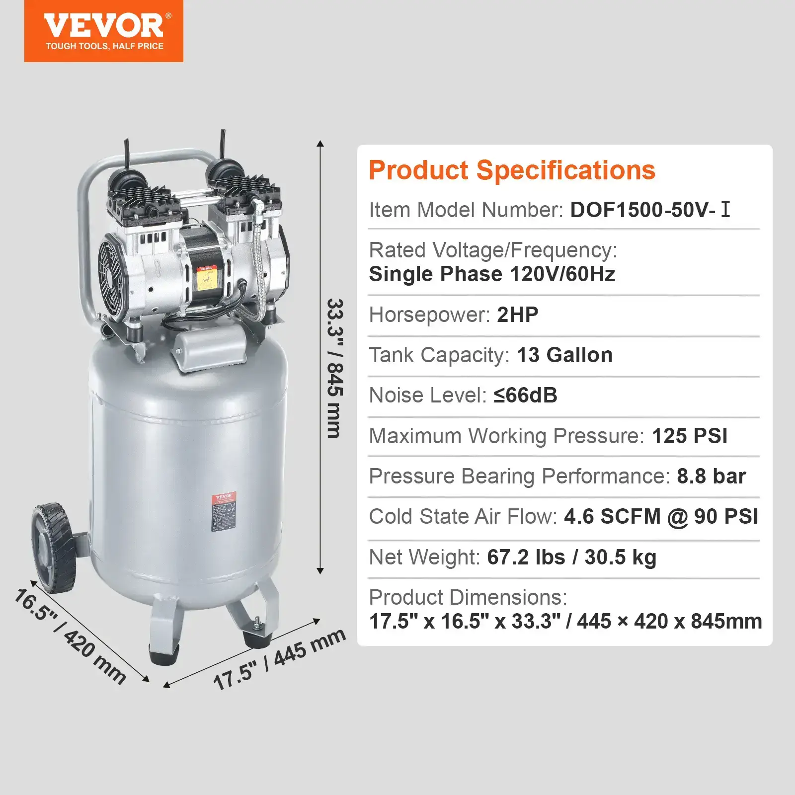 13 Gallon Air Compressor,, 2HP 4.6 SCFM@90PSI Oil Free Air Compressor Tank, 66dB Ultra-Quiet Compressor for Tire Inflation, Auto Repair, Woodwork Nailing, Spray Painting (125PSI Max Pressure)
