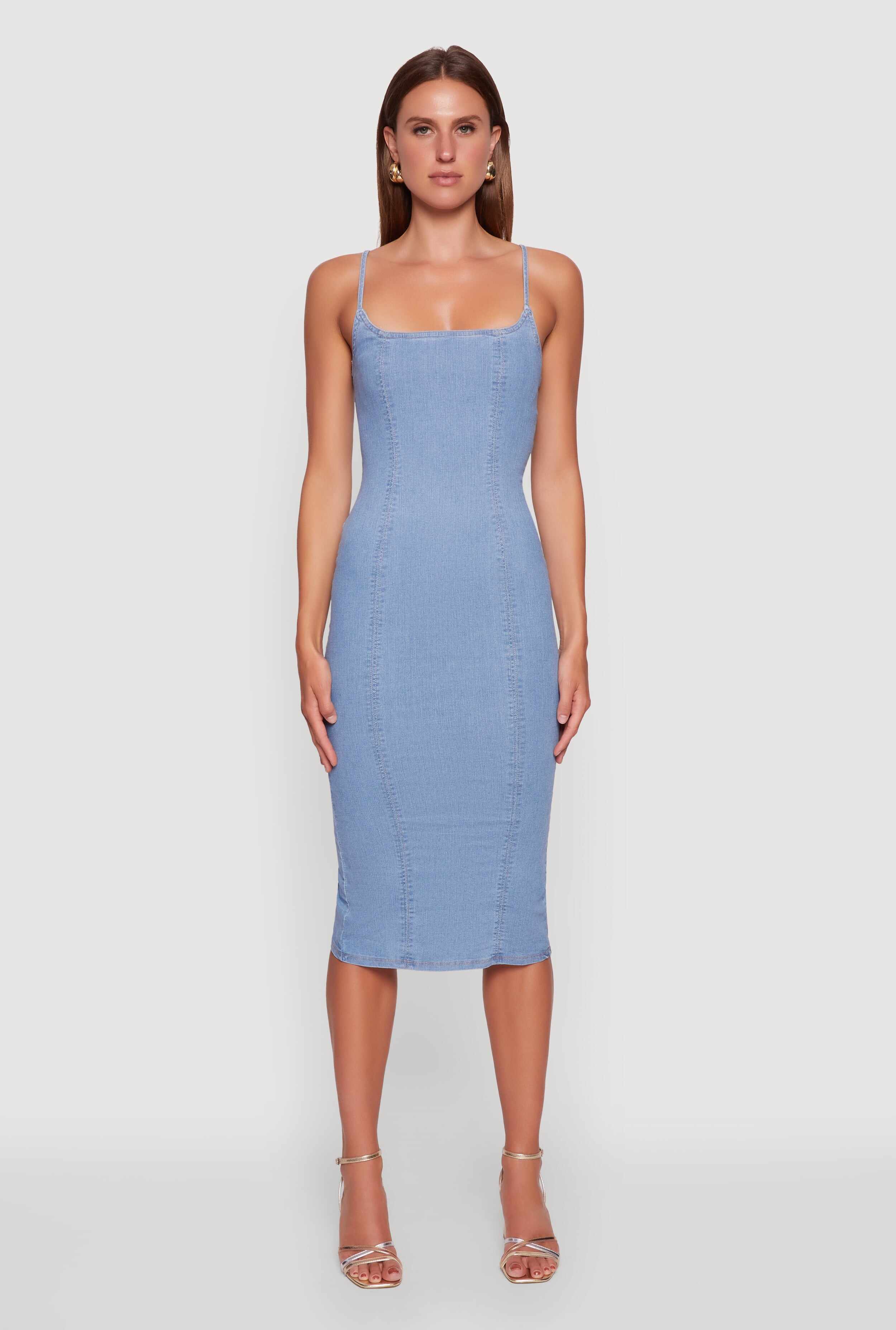 Denim Pintuck Slit Back Bodycon Dress
