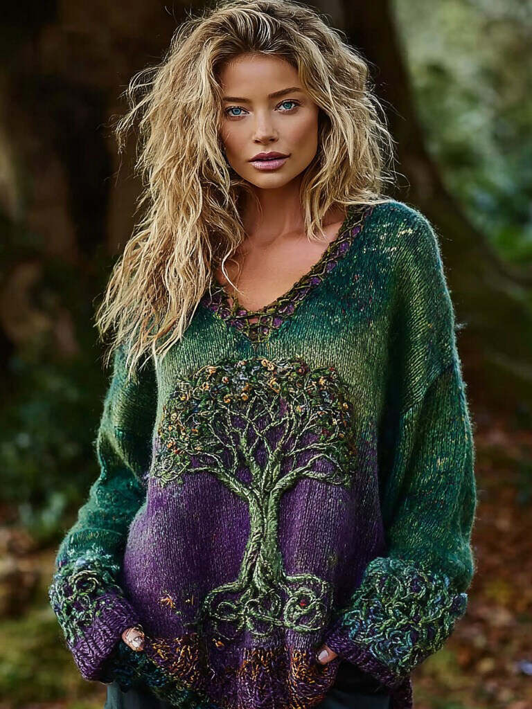 Women's Viking Celtic Knot Tree Of Life Knitted Warm V-neck Sweater