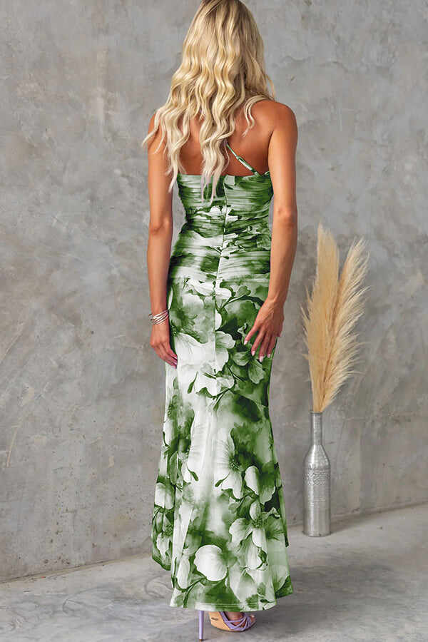 Deja Mesh Overlay Floral Print One Shoulder Ruched Stretch Maxi Dress