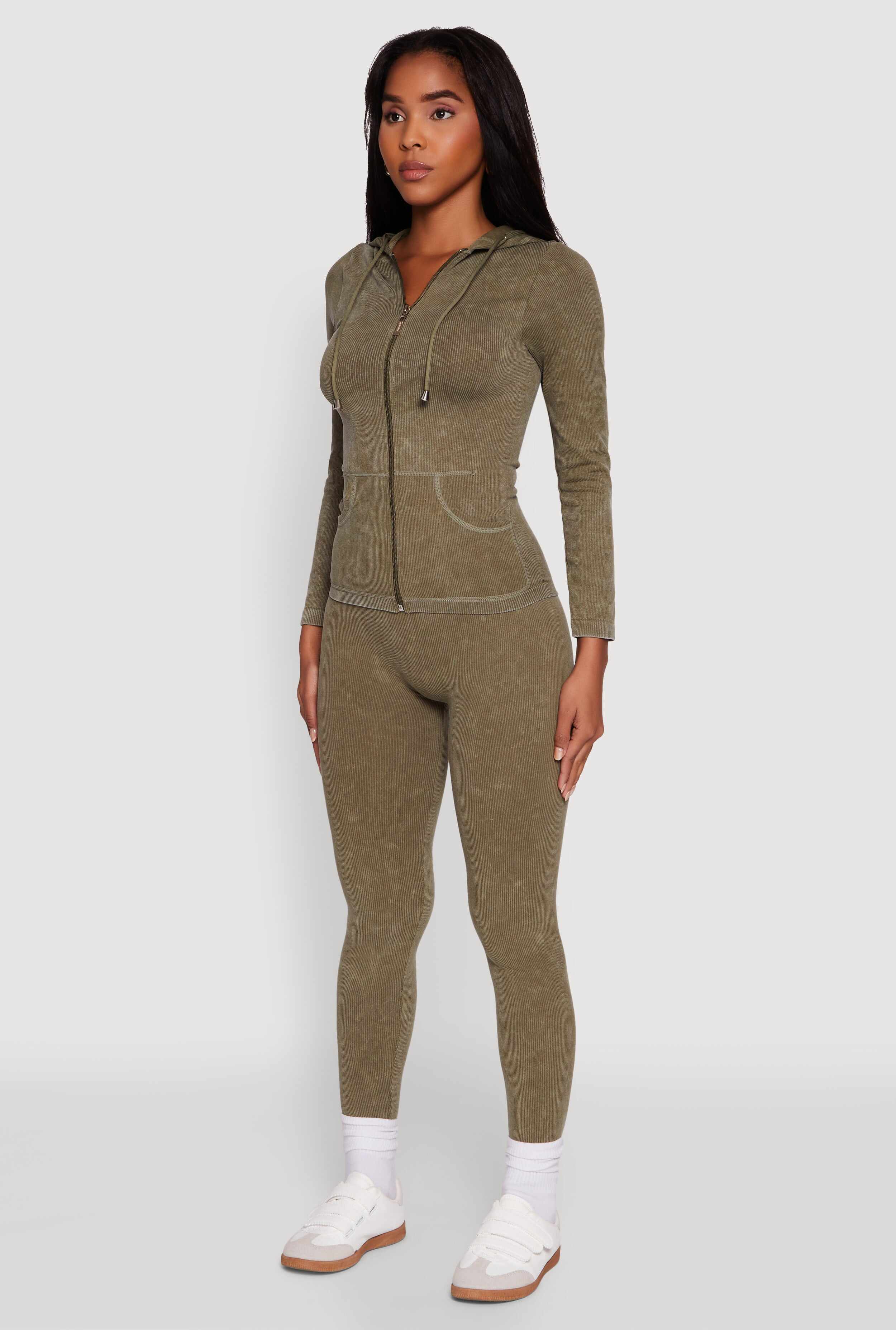 Seamless Acid Wash Zip Front Hooded Sweatshirt
