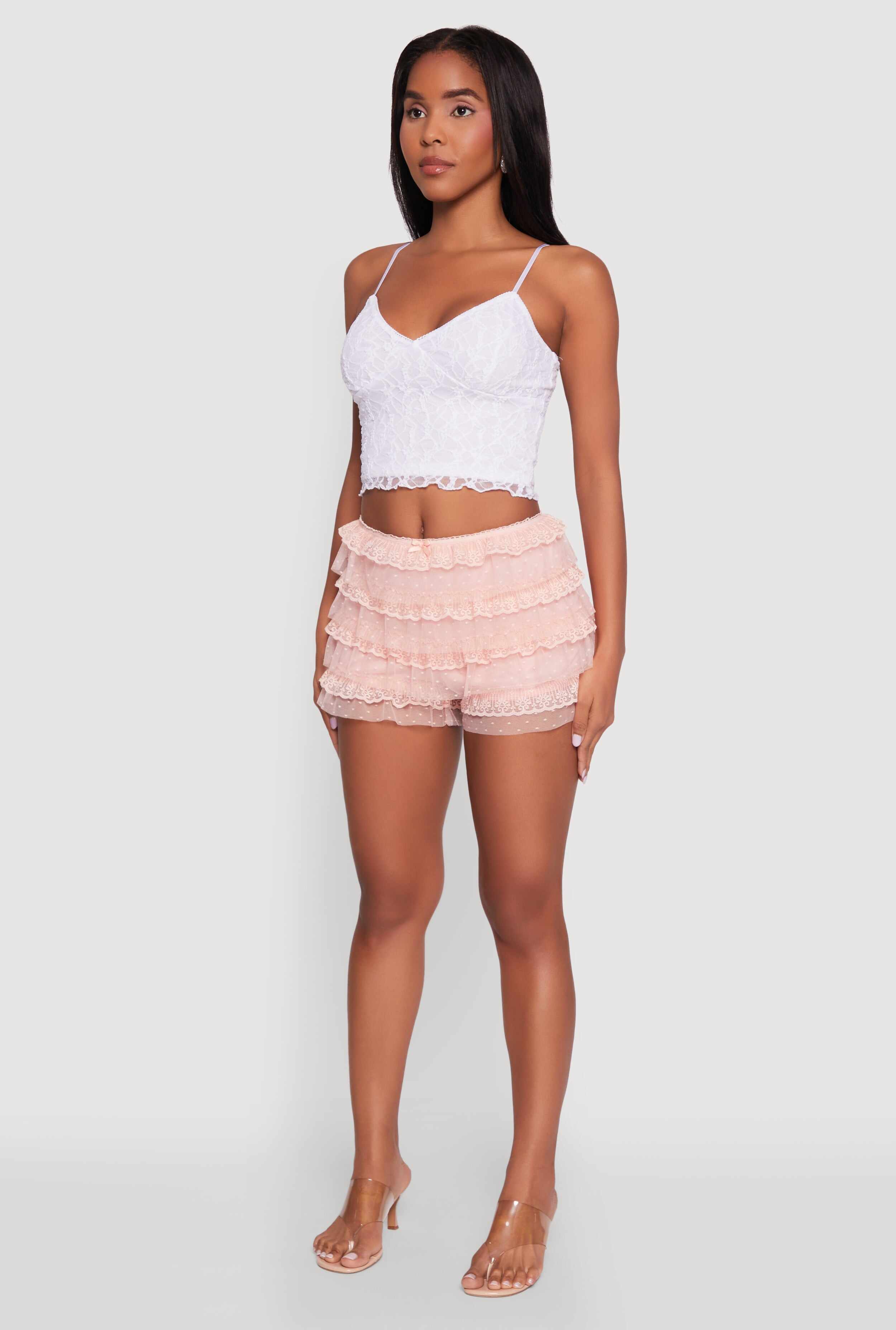 Iris Tiered Lace High Waisted Mesh Shorts