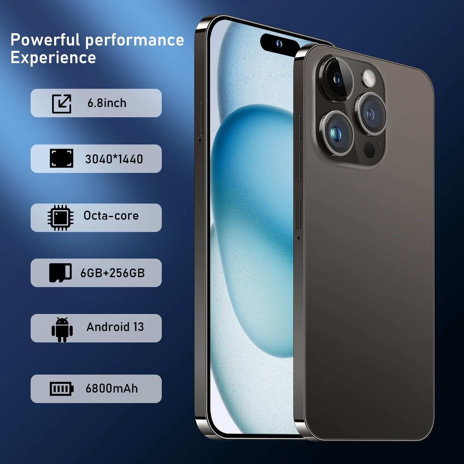 A15 Pro Max Smartphone, 6+256GB Unlocked Phone, Android 13.0, 48+108MP Zoom Camera, Long Battery Life 6800mAh, Dual SIM, 6.7“ HD Screen,5G Phone
