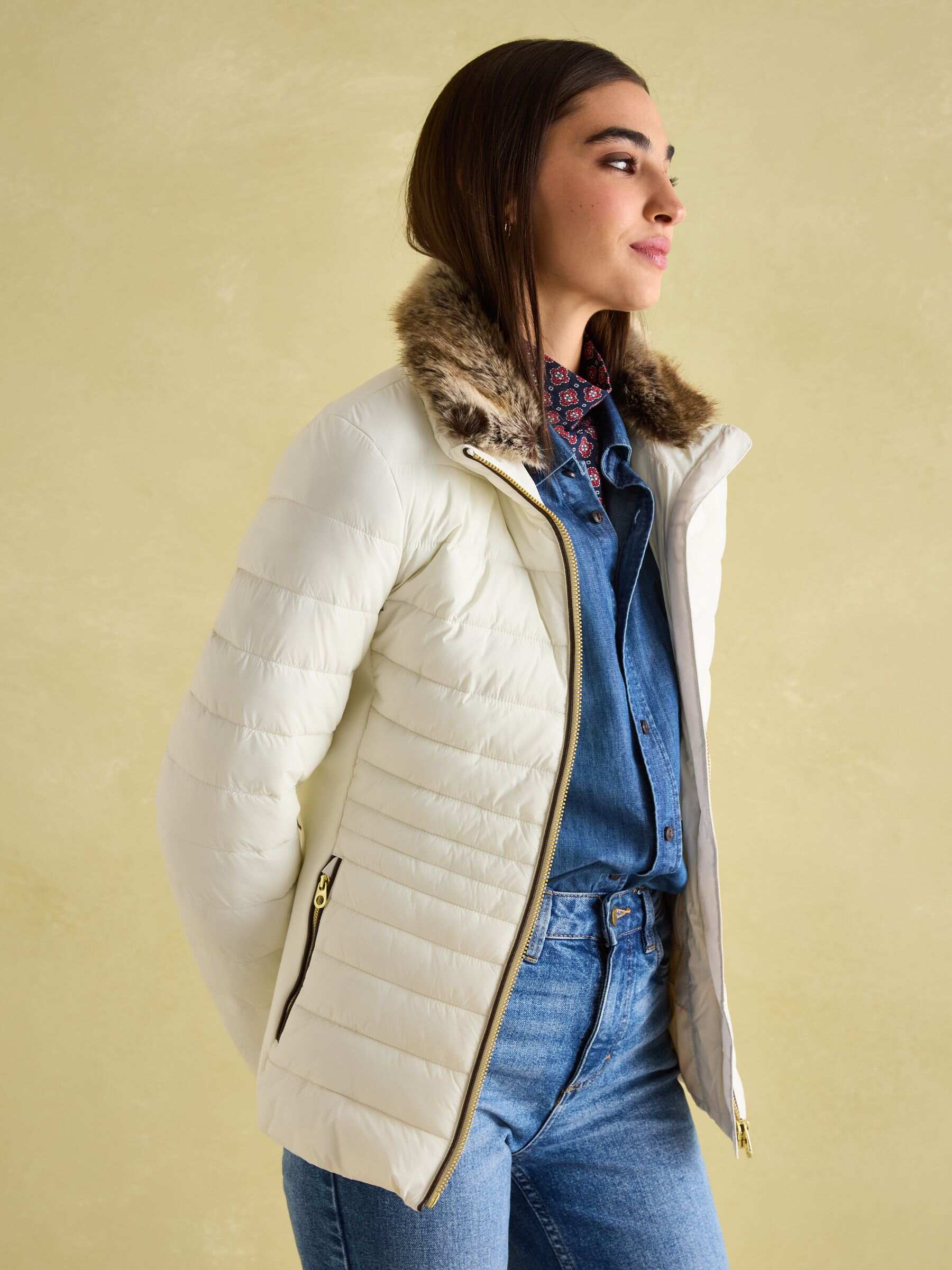 Beckley White Padded Showerproof Jacket with Faux Fur Trim