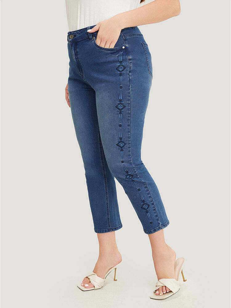 Very Stretchy Medium Wash Geometric Embroidered Jeans