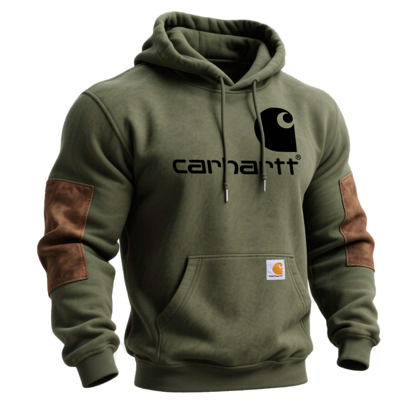Men's Vintage Army Green Stitching Brown Suede Pocket Hoodie And Sweatpants Jogger Set