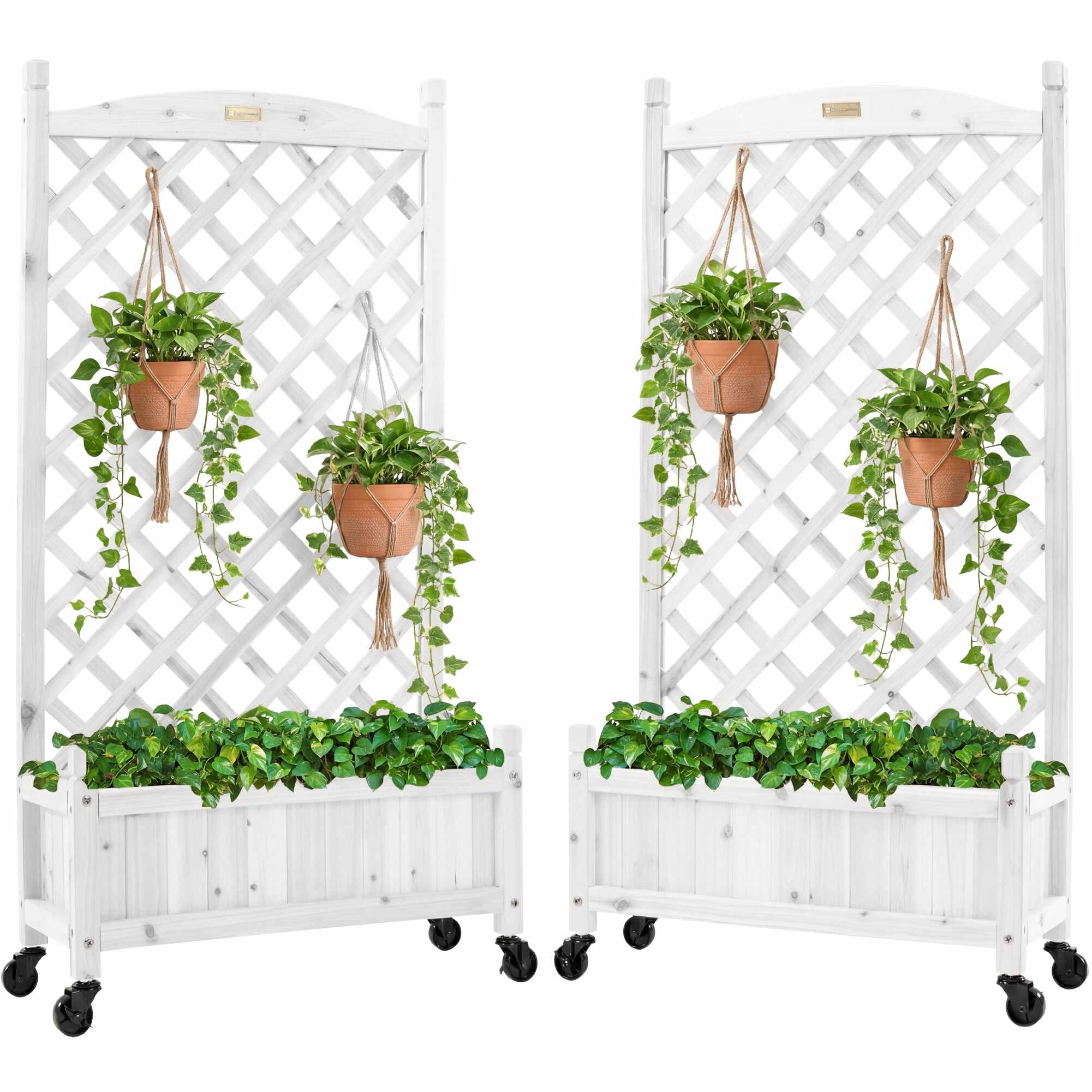 Set of 2 Wood Planter Box & Lattice Trellis w/ Optional Wheels - 48in