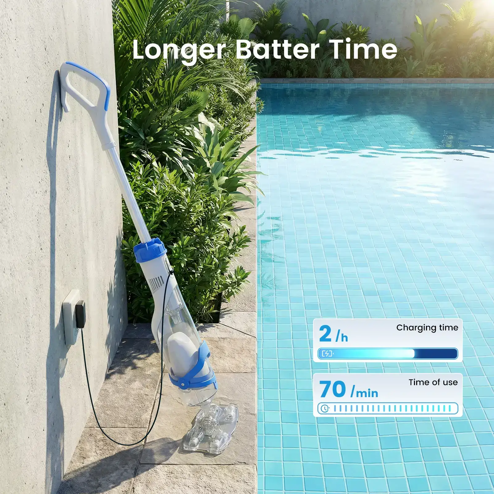 New Upgrade PC18 Pool Vacuum for Above Ground Pool with Telescopic Pole, Running time up to 1H, Handheld Design with Powerful Suction up to 18.5 gallon/min Ideal for Leaves, Debris
