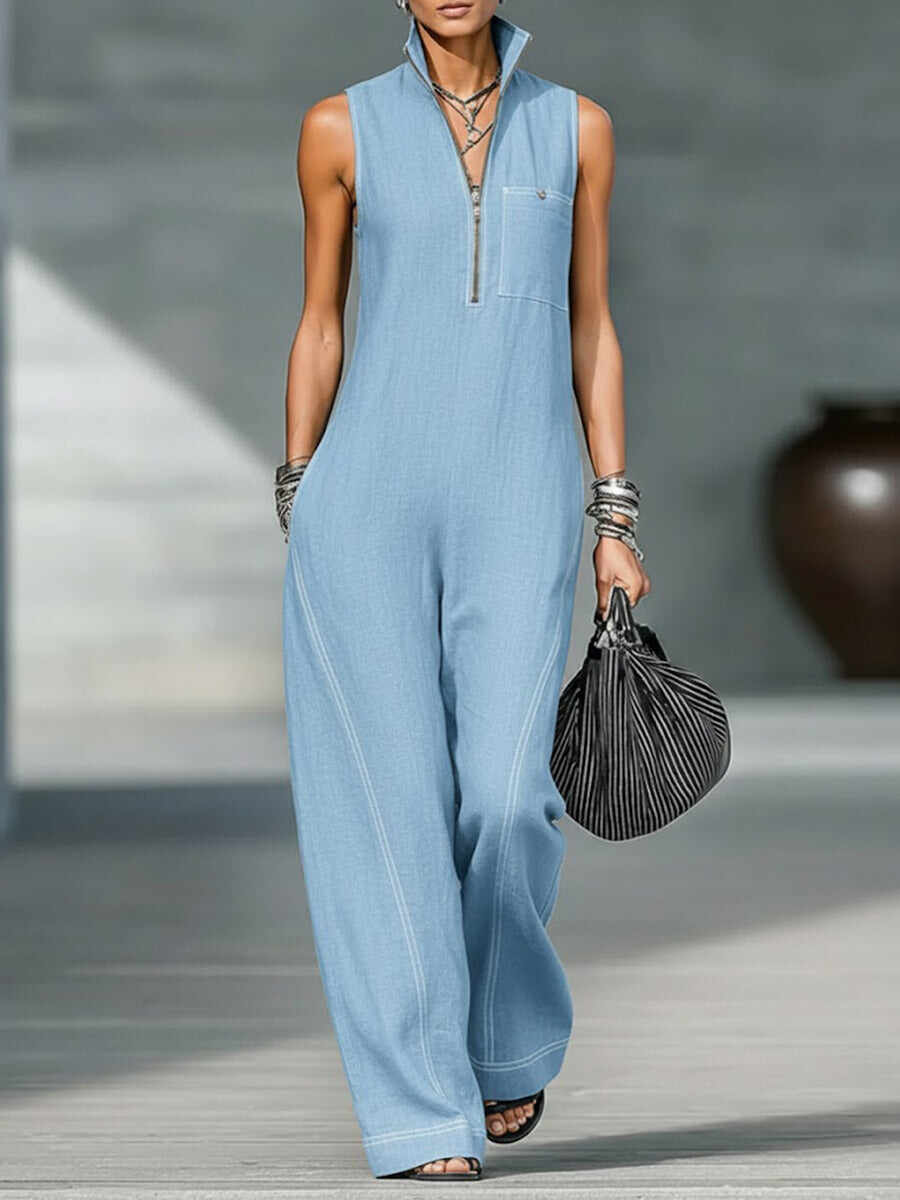 🔥Summer Arrivals🌟Women's Stand-collar Sleeveless Casual Loose Cotton And Linen Jumpsuit