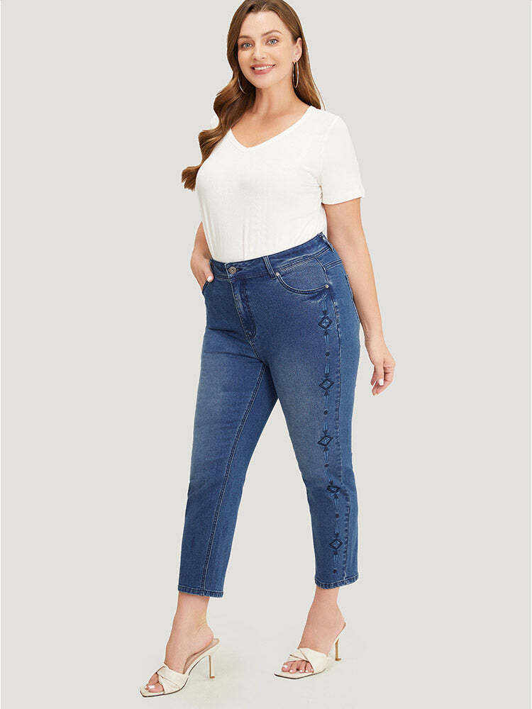 Very Stretchy Medium Wash Geometric Embroidered Jeans