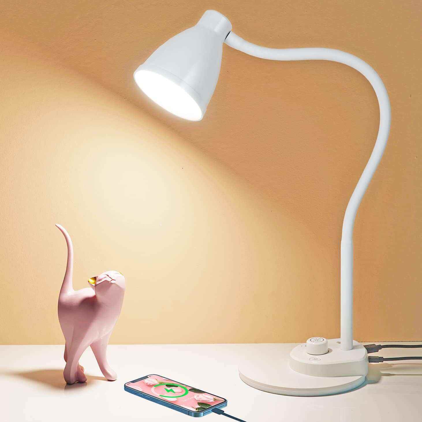 BOHON LED Desk Lamp with USB Charging Port 3 Color Modes Dimmable Reading Light Intelligent Induction Auto Dimming Task Lamp Flexible Gooseneck Table Lamp for Bedside Office, AC Adapter Include
