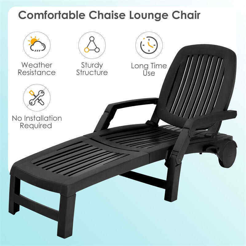 Outdoor Chaise Lounge Chair 6-Position Adjustable Patio Recliner with Wheels
