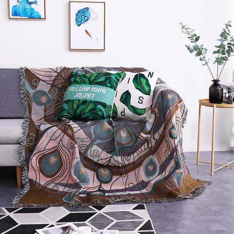 Peacock Print Tassel Reversible Blanket