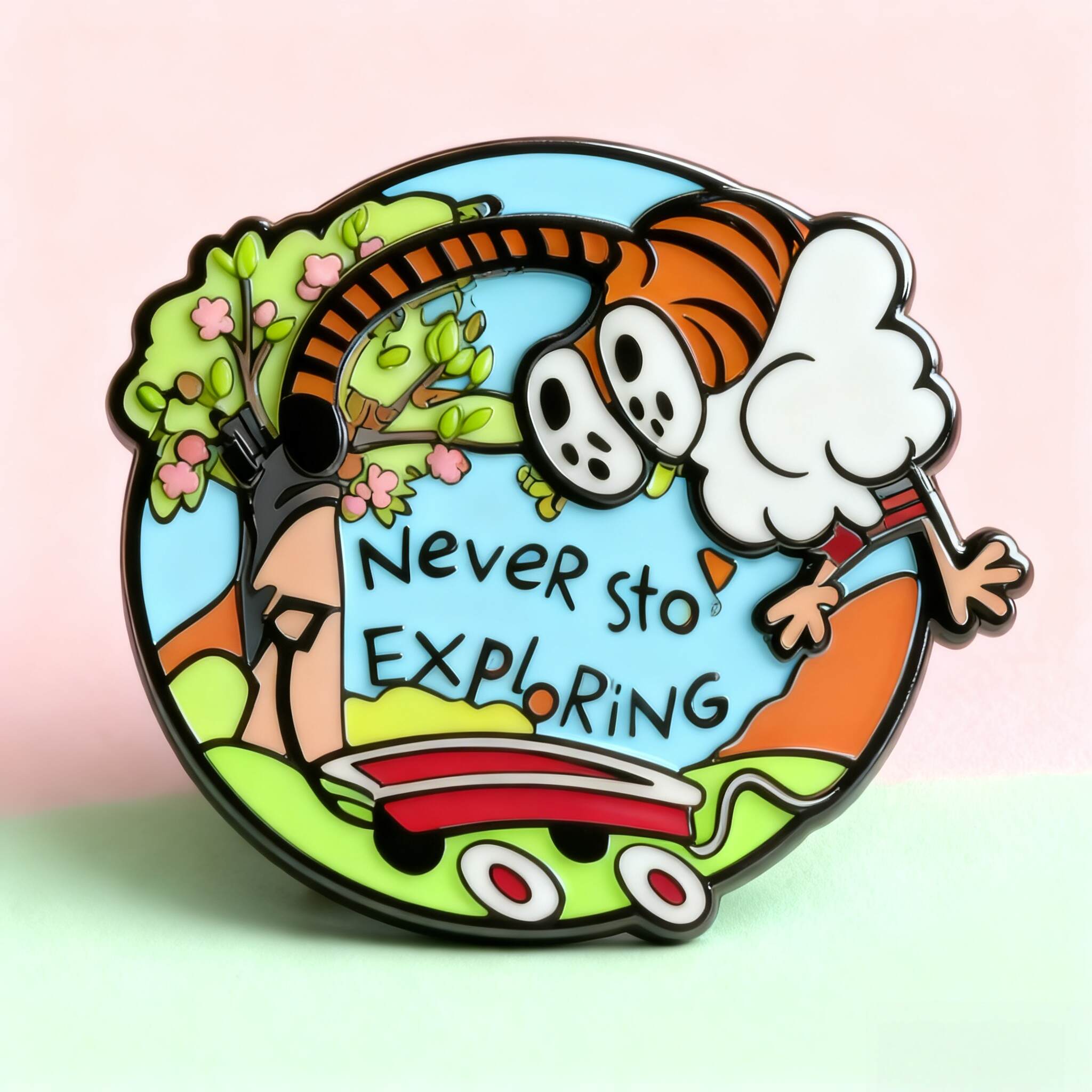 Calvin & Hobbes “Never Stop Exploring” Spinning Pin