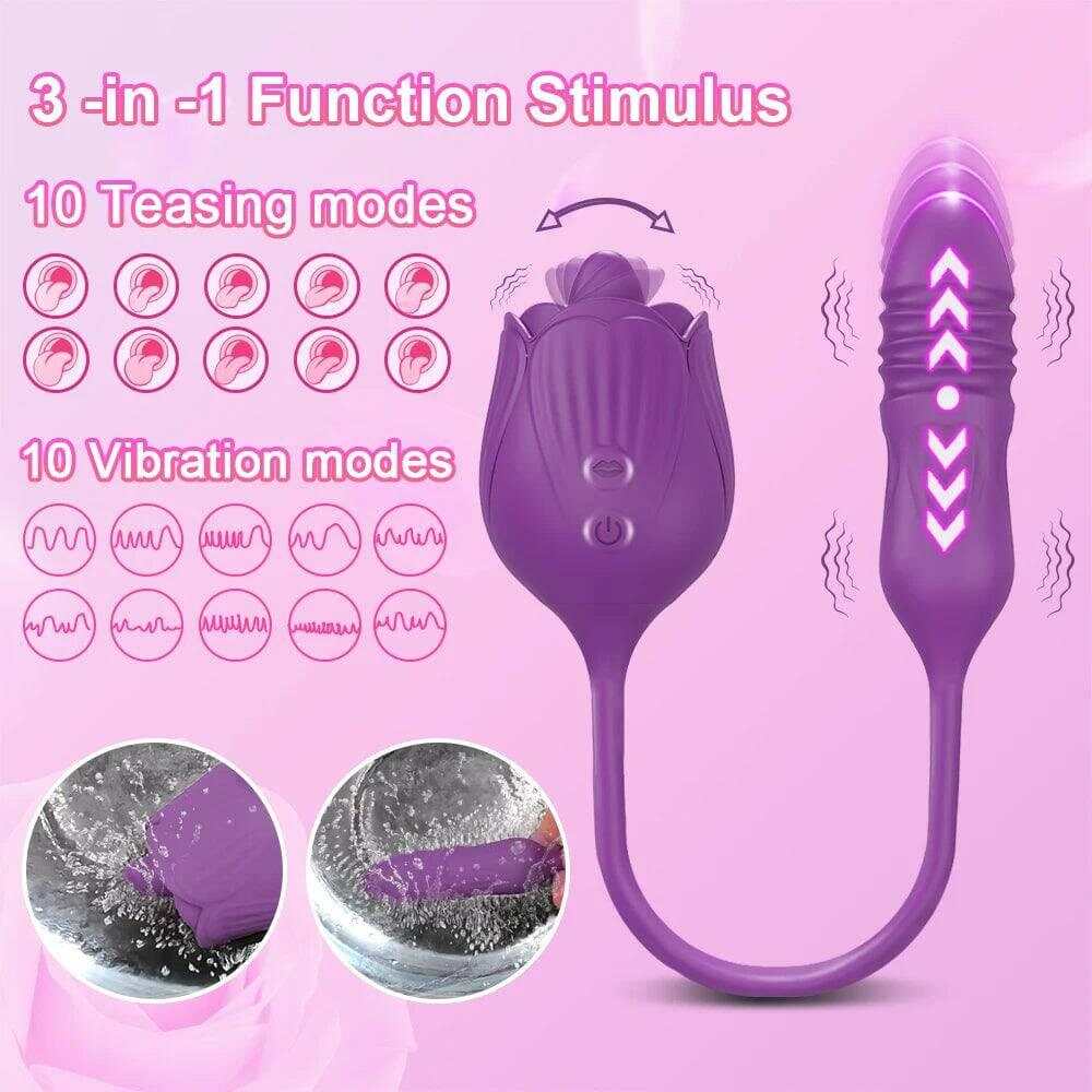 Rose Vibrator with Tongue Licking & Telescopic Dildo