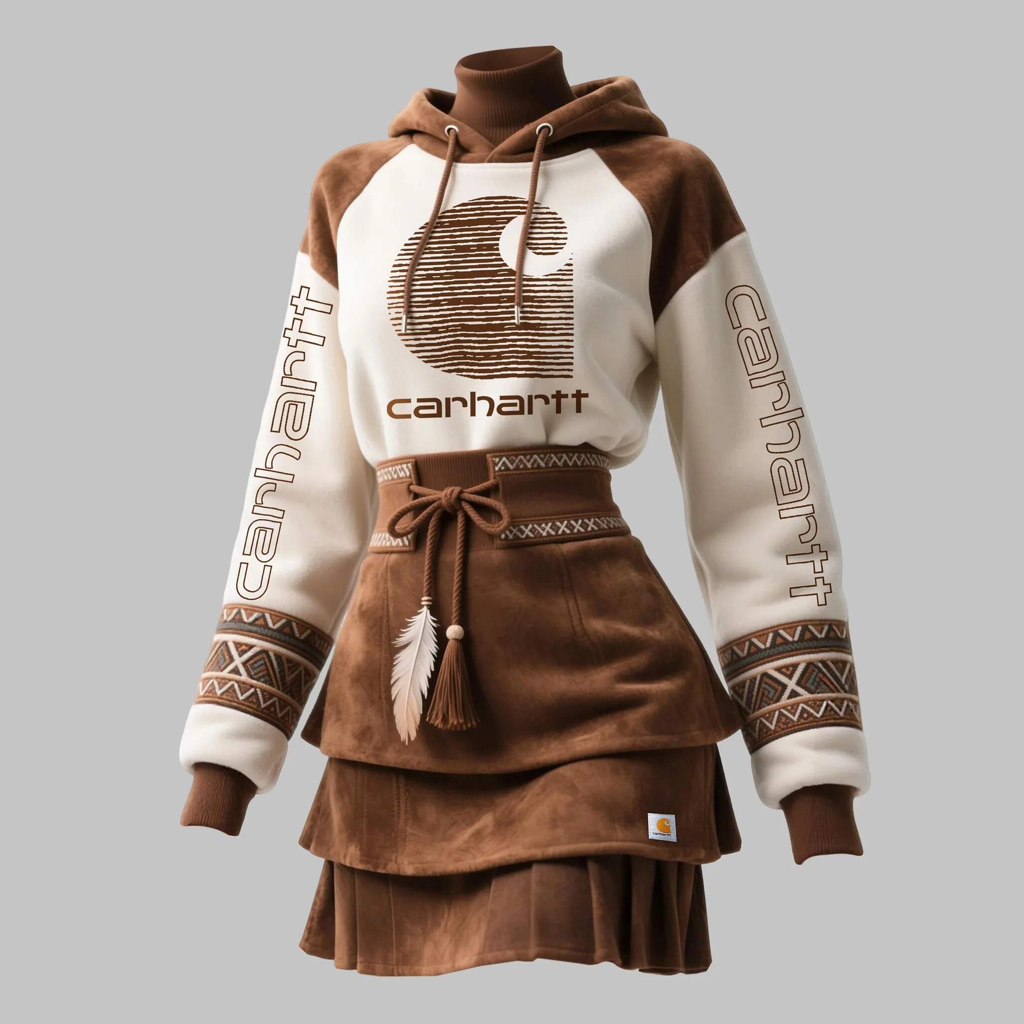 Women's Retro Ethnic Style Suede Color Block Patchwork Stand Collar Hooded Dress With Feather Tassels And Tie