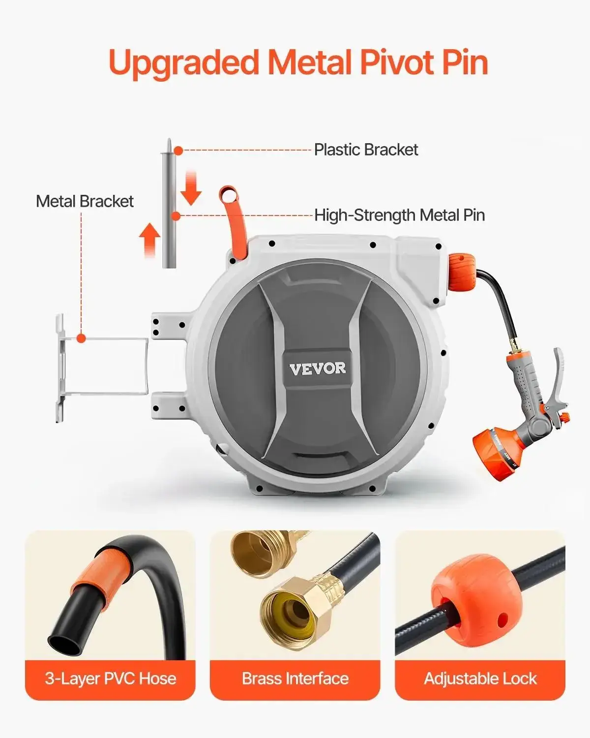 Retractable Garden Hose Reel, 5/8 Inch x 100 ft Wall Mounted, Heavy Duty with 9-Pattern Nozzle, Adjustable Length Lock, Upgraded Slow Return System & 180° Swivel Bracket