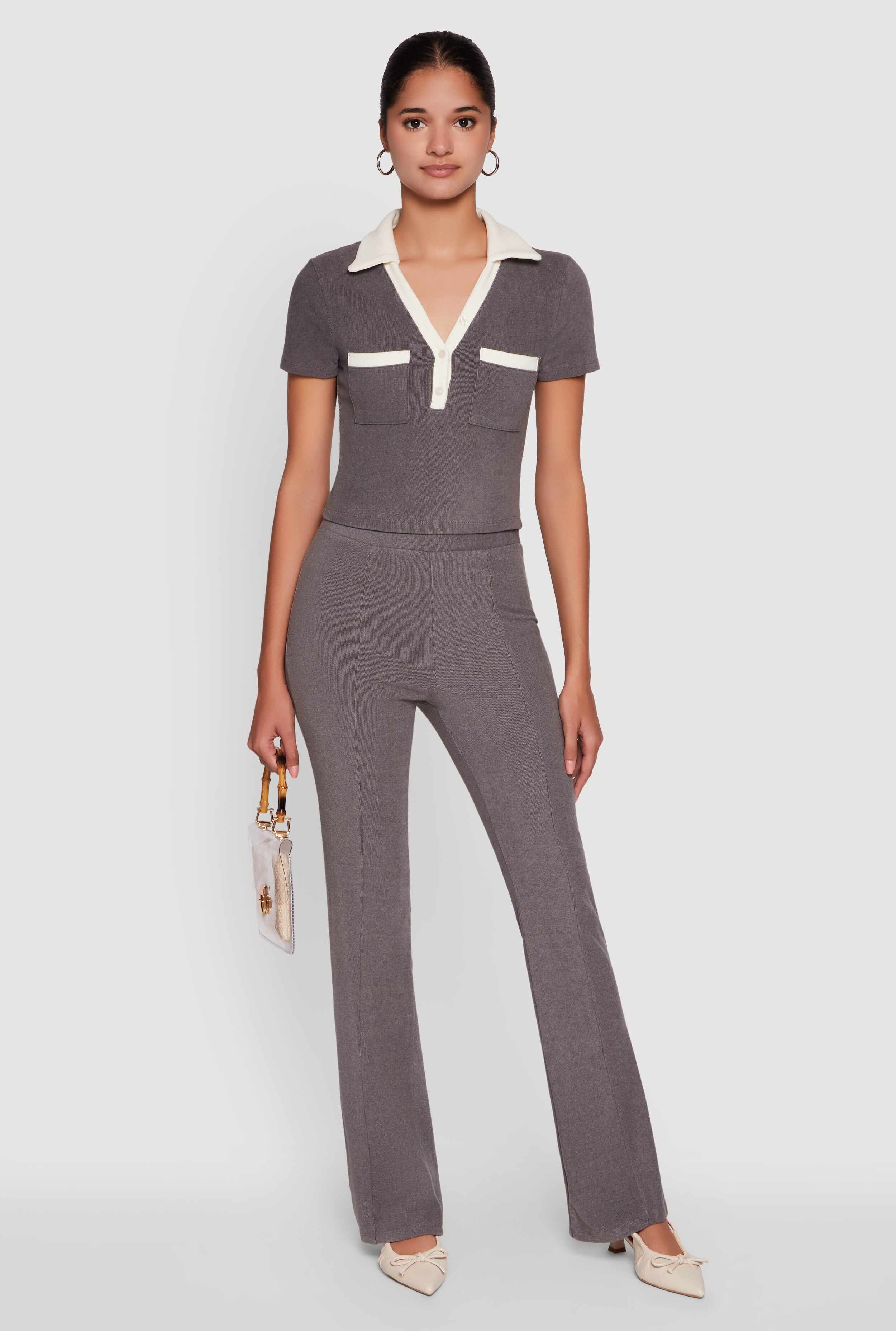 Brushed Knit Pintuck Pull On Flared Dress Pants