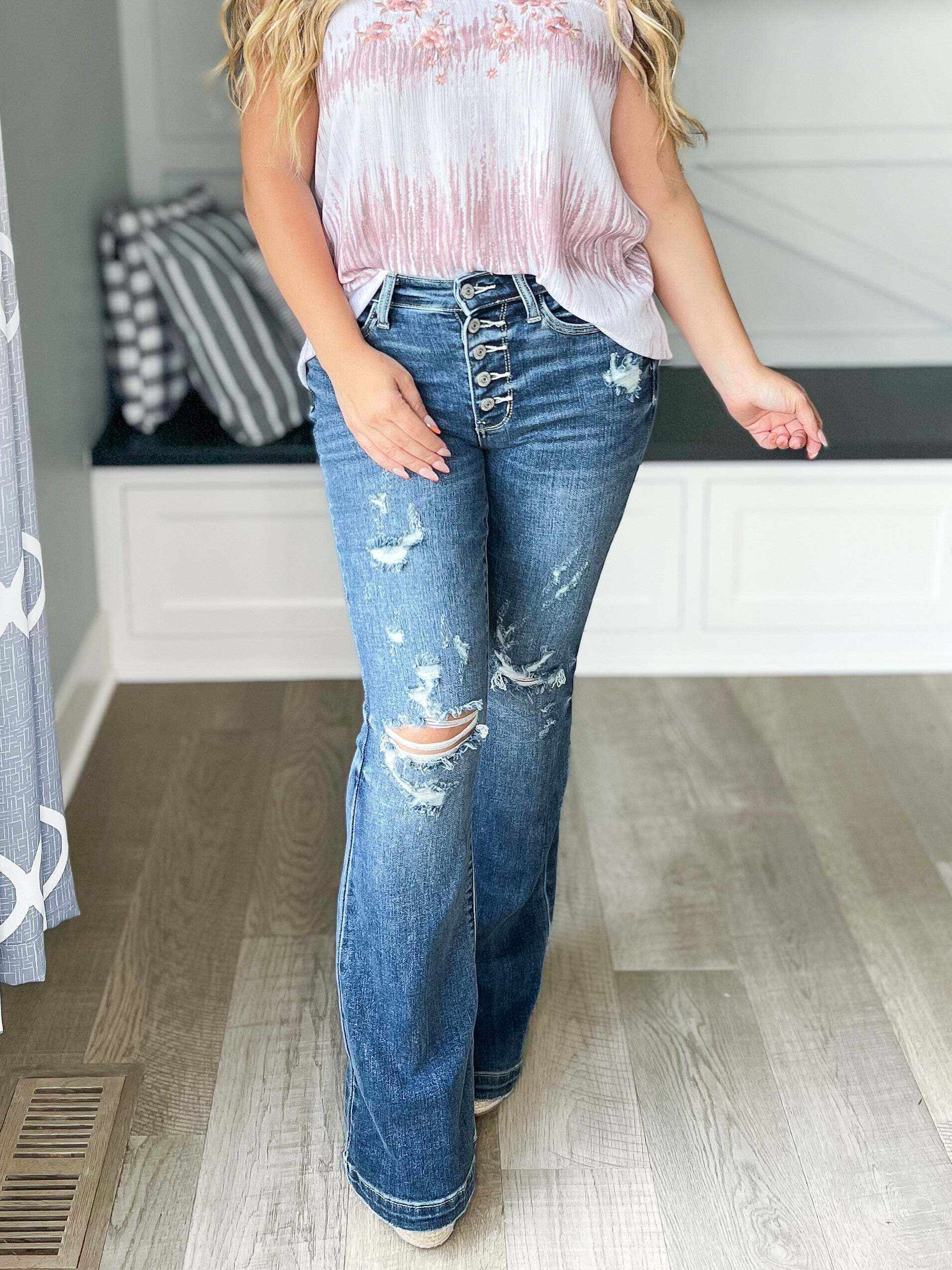 Long Weekend - Christmas Button Fly Trouser Flare Jeans- Final Sale