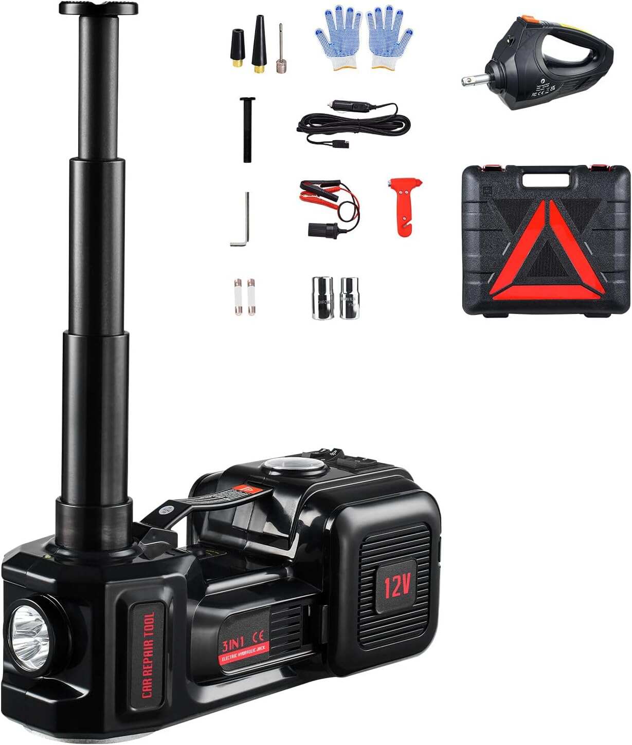 Electric Car Jack, 5 Ton/11023 LBS Hydraulic Jack Lift with Electric Impact Wrench, Built-in Inflatable Pump, and LED Light for SUV MPV Sedan Truck Change Tires Garage Repair