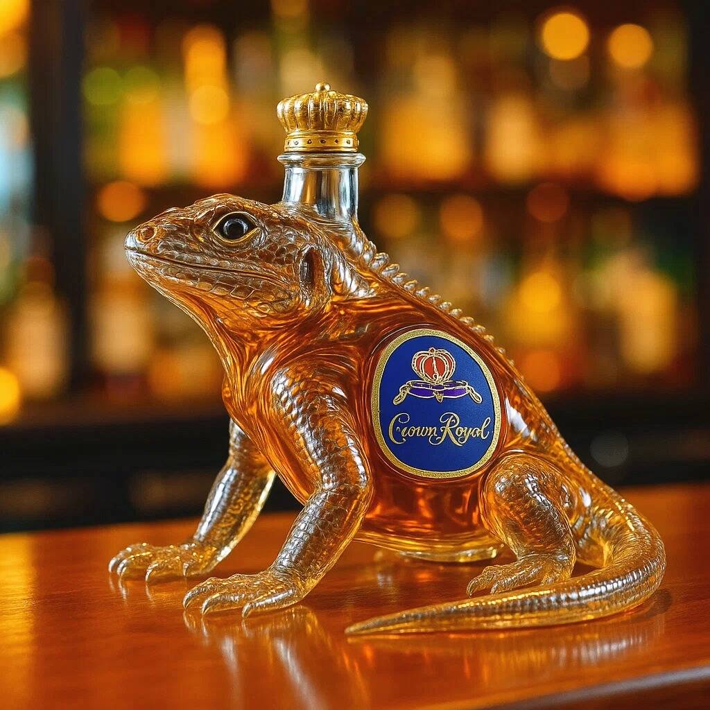 Lizard crawls pet whiskey bottle