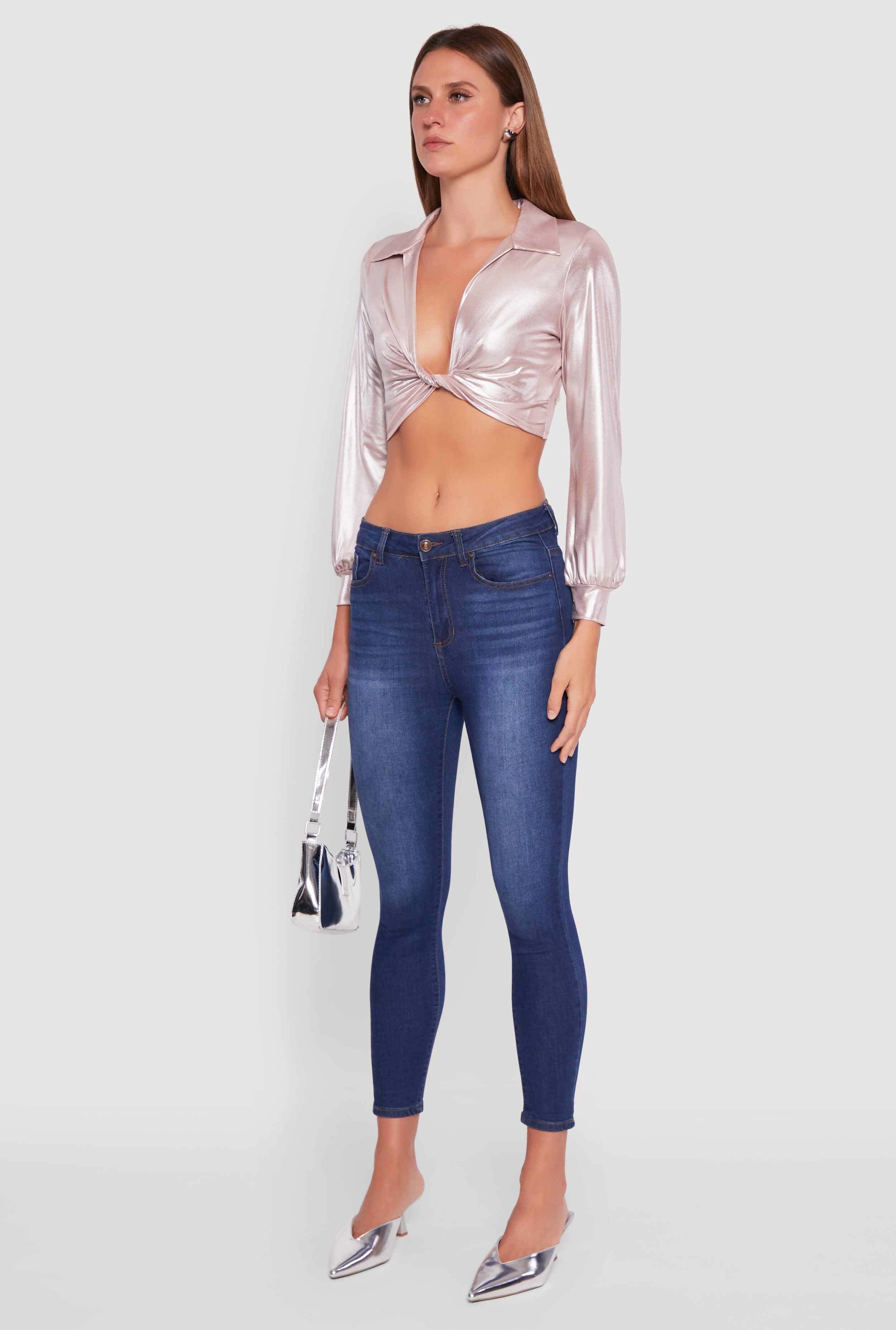 Bubble Sleeve Twist Front Plunge Crop Top