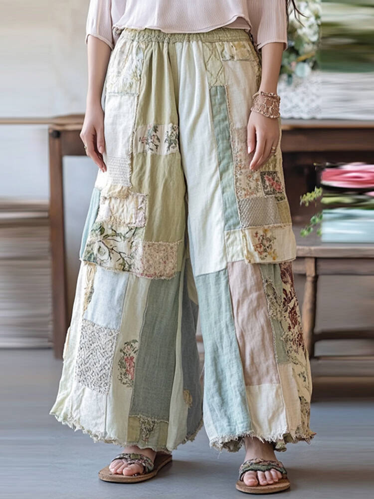 Vintage Floral Embroidered Patchwork Linen Blend Casual Pants