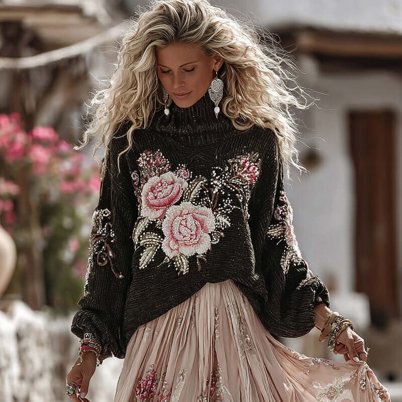 Vintage Rose In White Art Cozy Knit Turtleneck Sweater And Linen Skirt Two-piece Set