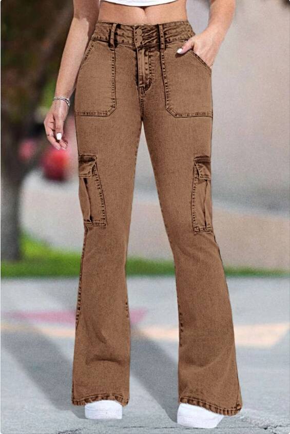 Multi Pocket Double Button Mid Rise Flare Cargo Jeans