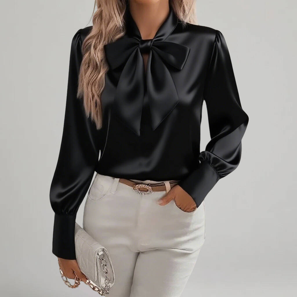 Women's Elegant Satin Bow Tie Neck Long Sleeve Blouse