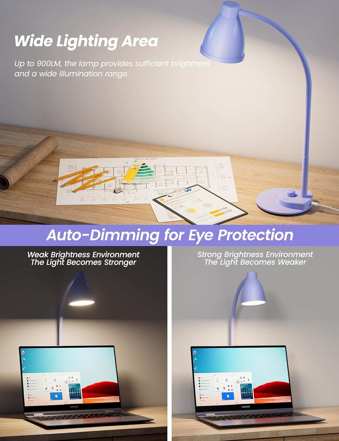 BOHON LED Desk Lamp with USB Charging Port 3 Color Modes Dimmable Reading Light Intelligent Induction Auto Dimming Task Lamp Flexible Gooseneck Table Lamp for Bedside Office, AC Adapter Include