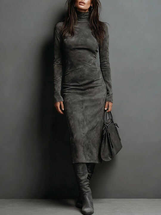 High Neck Long Sleeve Suede Midi Dress