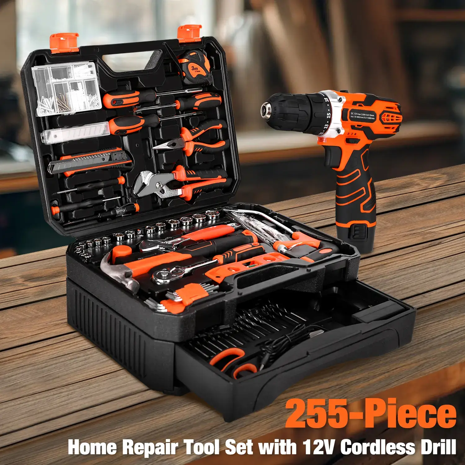 255-Piece Tool Set - Tool Kit with 12V Cordless Drill Driver, Toolbox Storage Case with Drawer, General Household Drill Set for DIY Projects, Home Repairs, Handyman