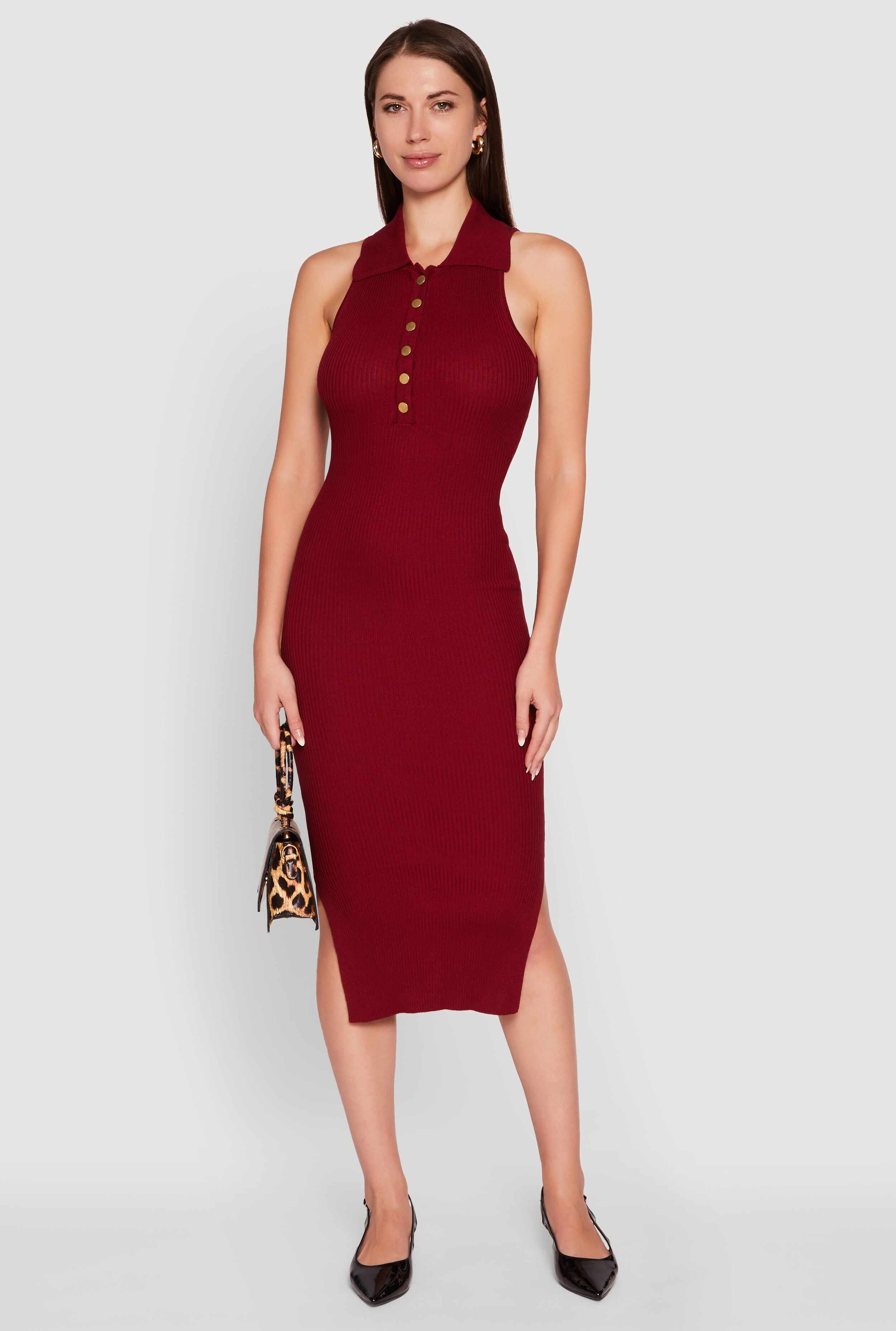 Ribbed Knit Sleeveless Midi Dress with Collar and Side Slit